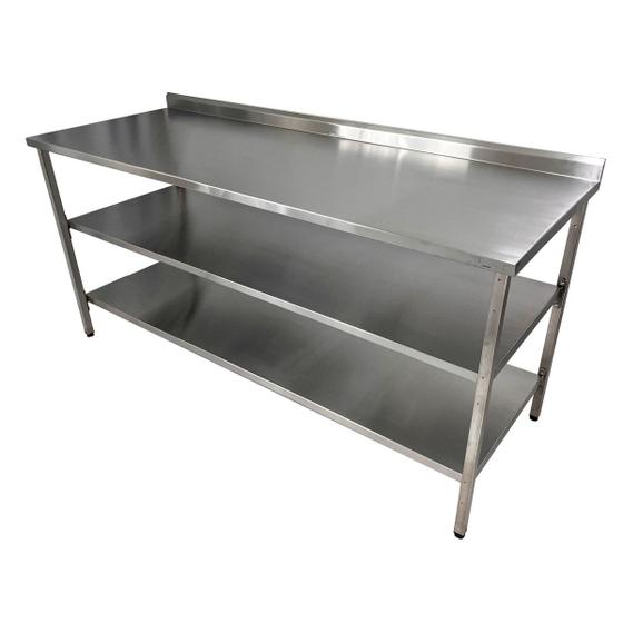 Imagem de Mesa de Aço Inox Industrial 190x70x90 cm com 2 Prateleiras Plano Liso com Espelho Nortinox