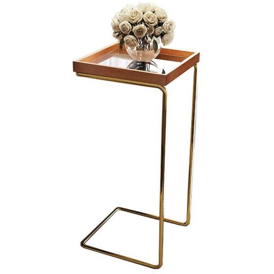 Imagem de Mesa de Apoio para Sofá Bandeja Espelhada Base Dourada