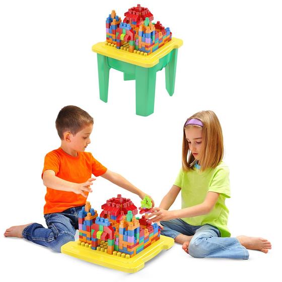 Imagem de Mesa de Atividades Bloco de Montar 220 Peças Coloridas Blocolândia de Plástico Brinquedo Educativo Bebês e Crianças XK105