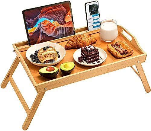 Imagem de Mesa de bandeja de cama de bambu, bandeja de café da manhã grande - 21,7x14 polegada com pernas dobráveis, bandeja de serviço multiuso uso como bandeja portátil, bandeja de lanche, bandeja de prato para trabalhar, comer, ler por Pipishell