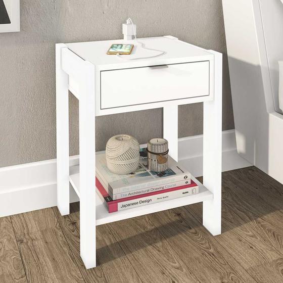 Imagem de Mesa de Cabeceira 1 Gaveta com Tomada Az1016 Branco - Tecno Mobili