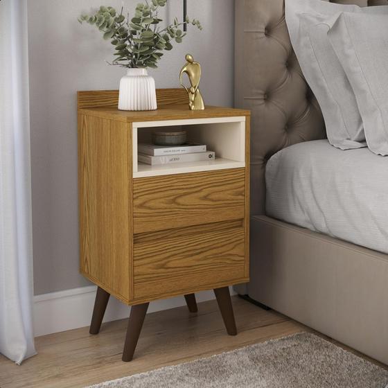 Imagem de Mesa de Cabeceira Alamo com 2 gavetas pés retrô para quarto - Nature com Off White