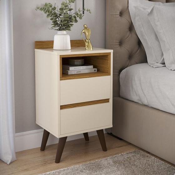 Imagem de Mesa de Cabeceira Alamo para quarto com pés retrô e 2 gavetas - Off White com Nature