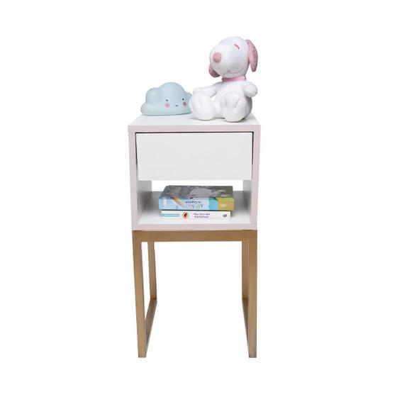 Imagem de Mesa de Cabeceira Branca 30cm Eco Quarto Infantil Rosa Menina Base Metal Dourada