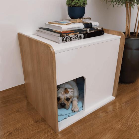 Imagem de Mesa de cabeceira cama pet cães 45x45x40 Branco e madeirado