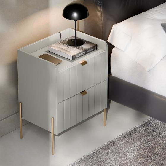 Imagem de mesa de cabeceira com gavetas moriah 45cm MDF com pés dourado industrial para quarto cama de casal