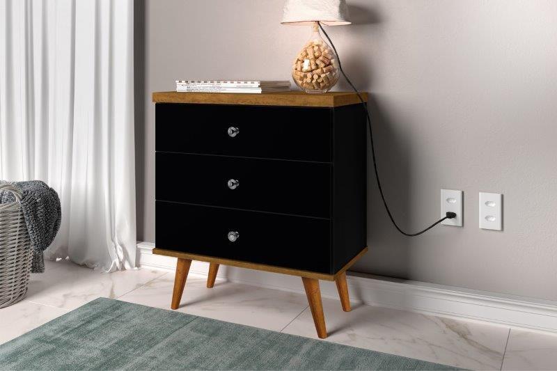 Imagem de Mesa de Cabeceira Estilo Retrô STAR 3 Gavetas Pés em Madeira Cor Preto / Jequitiba