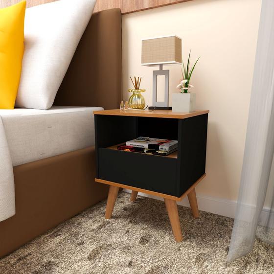Mesa De Cabeceira Fox Luxo Pés Retro - Preto/Nature Menor preço em Mesa De Cabeceira Fox Luxo Pés Retro - Preto/Nature