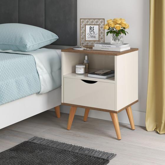 Imagem de Mesa de Cabeceira Grécia 1 Gaveta Off White com Canela