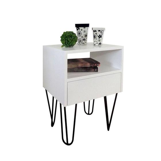 Imagem de Mesa de Cabeceira Lateral Nicho com Gaveteiro Pés Hairpin Legs Estilo Industrial Branco Laca