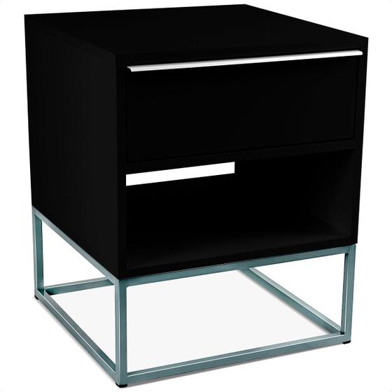 Imagem de Mesa de Cabeceira Lonova Quarto Design Industrial Aço e MDF com Gaveta Prata Preto