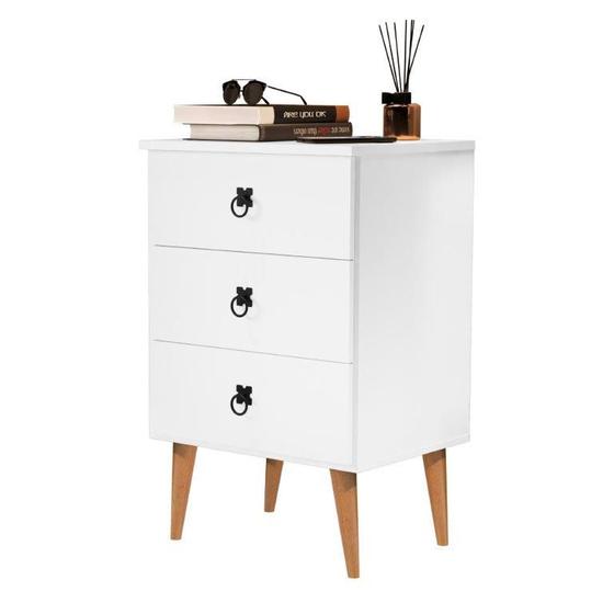 Imagem de Mesa de Cabeceira MAD 3 Gavetas Estilo Retrô Com Pés em Madeira Cor Branco