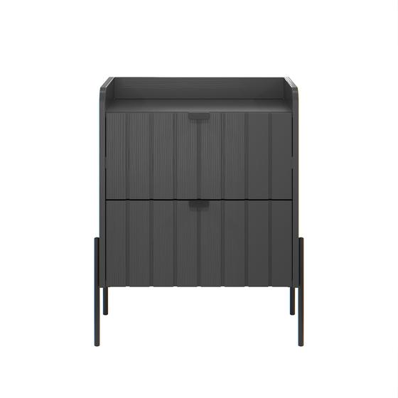 Imagem de mesa de cabeceira para quarto com 2 gavetas moderna riscada MDF estilo industrial moriah 45cm base de ferro preto