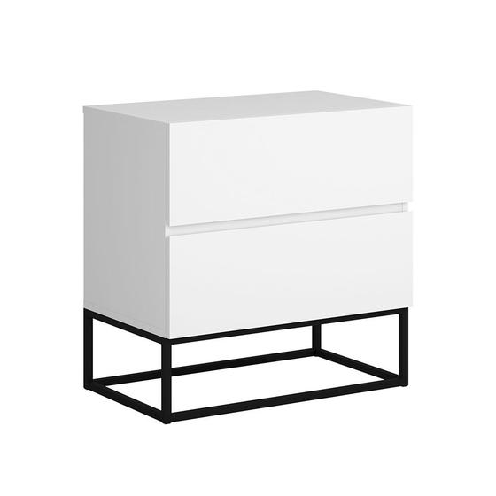 Imagem de mesa de cabeceira para quarto com 2 gavetas pé de ferro preto decoração luxuosa moderna puxador estiloso