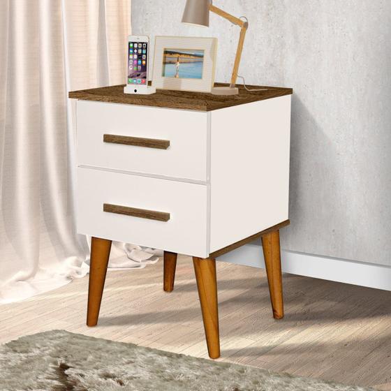 Imagem de Mesa de Cabeceira PER 2 Gavetas Estilo Retrô com Pés Palito em Madeira Cor Off White/ Canela