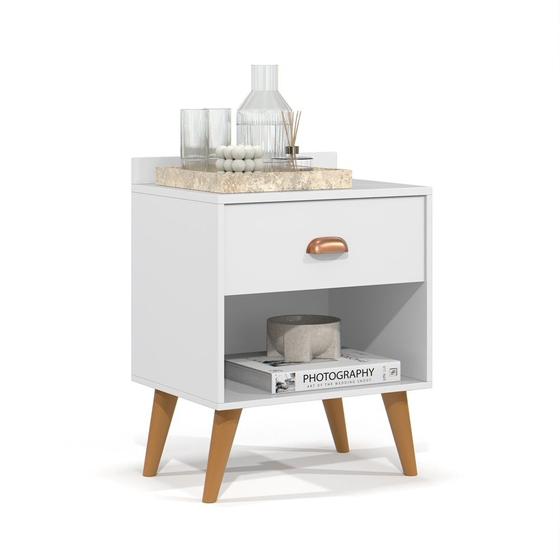 Imagem de Mesa de Cabeceira Quarto Mesinha Apoio Lateral Cama Box Casal Estilo Decoração Retrô Pérola 1 Gaveta