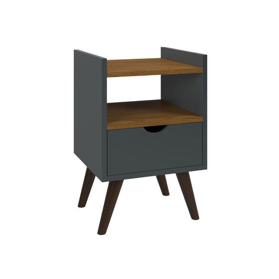 Imagem de Mesa De Cabeceira Quarto Retrô Pés Palito Com Nicho e 1 Gaveta Classic Decor Cinza Freijó G2 Plus