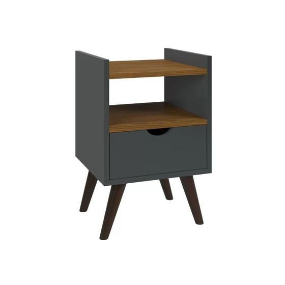 Imagem de Mesa De Cabeceira Quarto Retrô Pés Palito Com Nicho e 1 Gaveta - Classic Decor - Cor- Cinza Com Freijó - Lojas K7