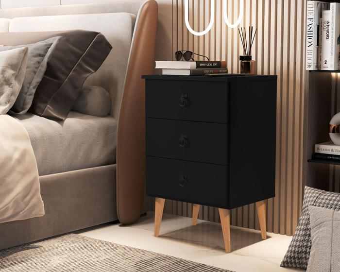 Imagem de Mesa de Cabeceira Retrô com Pés Palito Madri com 3 gavetas para quarto - Preto