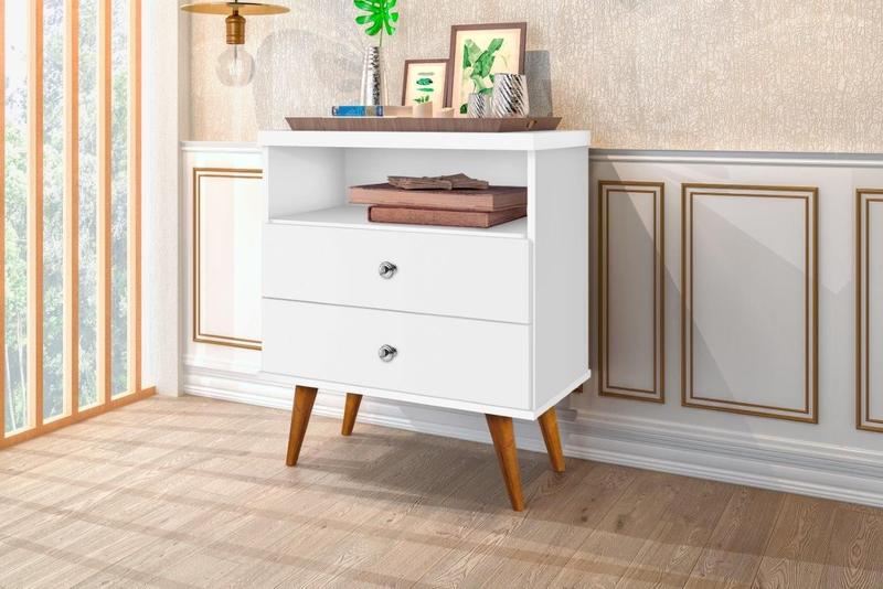 Imagem de Mesa de Cabeceira STA Estilo Retrô Com Pés Palito 2 Gavetas Com Puxadores Cromados e Nicho Cor Branco