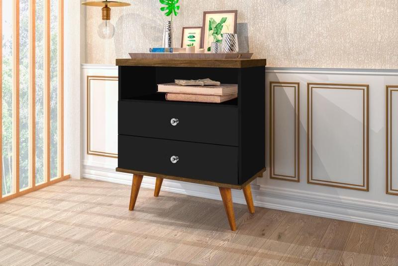Imagem de Mesa de Cabeceira STA Estilo Retrô Com Pés Palito 2 Gavetas Com Puxadores Cromados e Nicho Cor Preto/Jequitiba