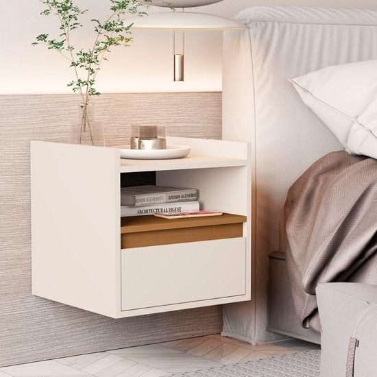 Imagem de Mesa De Cabeceira Suspensa Com 1 Porta  Minerva - Cor: Off White Com Nature - Lojas G2