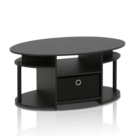 Imagem de Mesa de Café Oval Furinno Jaya - Design Simples com Gaveta - Tampo em Walnut