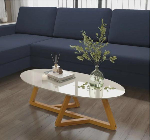 Imagem de Mesa de Centro Classic com Pés em Madeira Maciça Branco/Amendoa