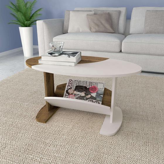 Imagem de Mesa De Centro Oval Com Nicho Artely Ísis Cor Pinho com Off White