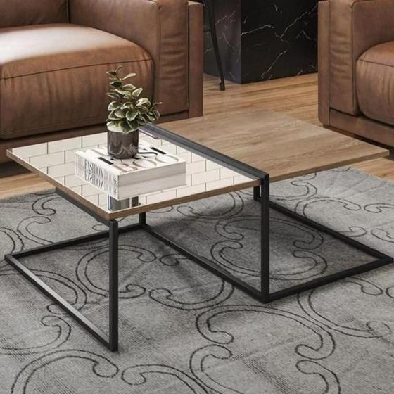 Imagem de Mesa de Centro para Sala com Espelho Aurora Pés Metálicos Estilo Industrial Cor Demolição com Preto - Dream Home Design