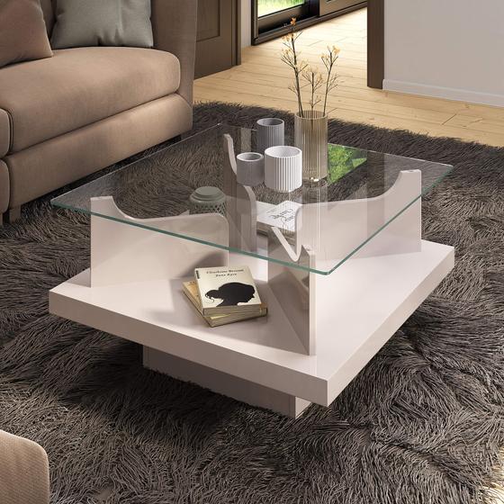 Imagem de Mesa De Centro Quadrada Com Tampo de Vidro Artely Clear Cor Off White