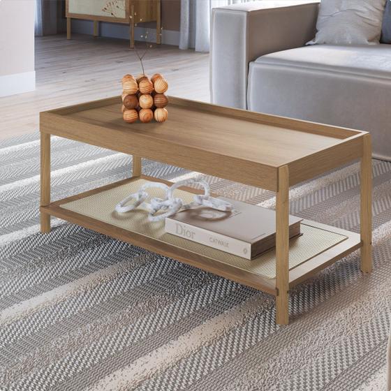 Imagem de Mesa de Centro Retangular com Prateleira 93cm Palhinha Pé Madeira Oslo