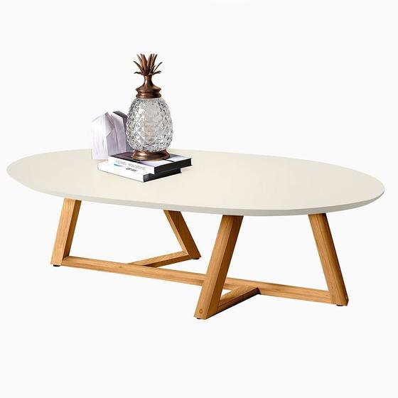 Imagem de Mesa de Centro Sala Classic Oval com Pés em Madeira Maciça Branco/Amendoa