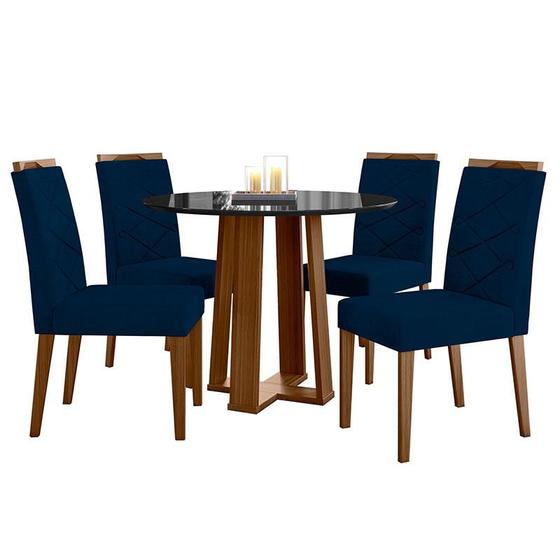 Imagem de Mesa de jantar 100x100cm Isabela com Vidro Imbuia Preto e 4 Cadeiras Caroline Imbuia Veludo Azul Marinho  New Ceval