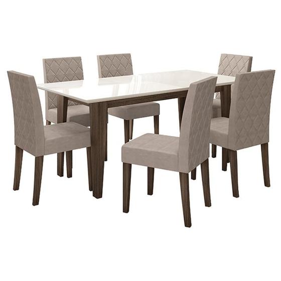 Imagem de Mesa de Jantar 160cm Liz com Vidro Amêndoa Off White com 6 Cadeiras Jade Bordada Amêndoa Cappuccino  Poliman