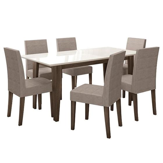 Imagem de Mesa de Jantar 160cm Liz com Vidro Amêndoa Off White e 6 Cadeiras Josi Liso Amêndoa Cappuccino  Poliman