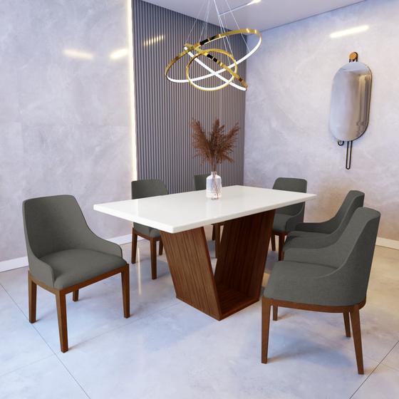 Imagem de Mesa de Jantar 1,6m Safira Off White com 6 Cadeiras Elisa Linho Chumbo Madeira Maciça Imbuia