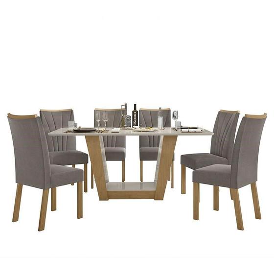 Imagem de Mesa de Jantar 170x90 com 6 Cadeiras Apogeu Amêndoa/Off White/Suede Bege - Móveis Lopas