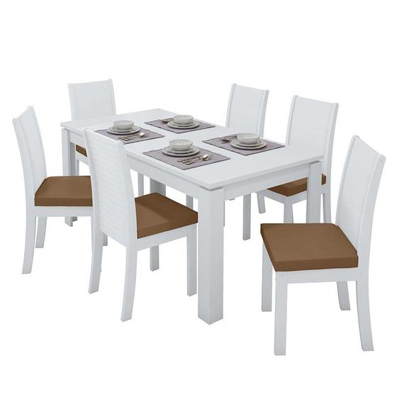 Imagem de Mesa de Jantar 200x90 com 6 Cadeiras Athenas Branco/Corino Caramelo - Móveis Lopas