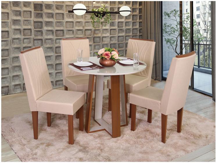 Imagem de Mesa de Jantar 4 Cadeiras Redonda Naturalle e Off-White Tampo de Vidro Laís Móveis São Carlos