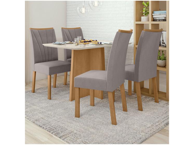 Imagem de Mesa de Jantar 4 Cadeiras Retangular Branca e Amêndoa Móveis Tampo de Vidro Lopas Celebrare