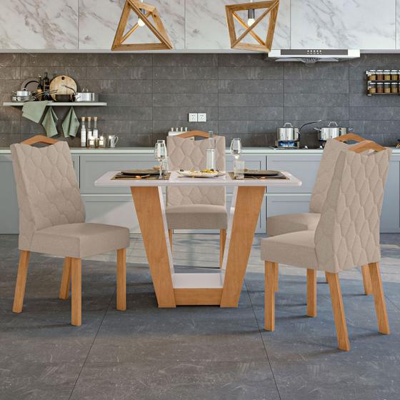 Imagem de Mesa de Jantar 4 Lugares Apogeu Vênus com Vidro Amêndoa Clean/Off White/Amêndoa Clean/Linho Rinzai Bege - Móveis Lopas