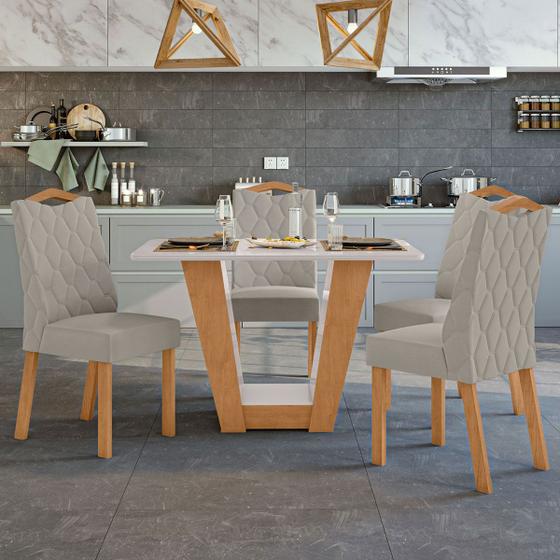 Imagem de Mesa de Jantar 4 Lugares Apogeu Vênus com Vidro Amêndoa Clean/Off White/Amêndoa Clean/Veludo Liso Capuccino - Móveis Lopas