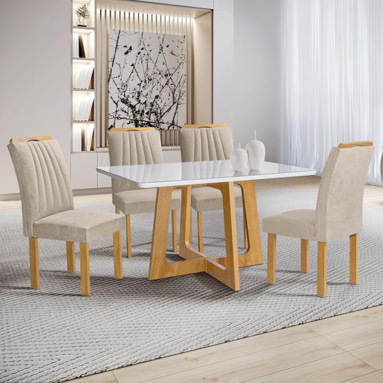 Imagem de Mesa de Jantar 4 Lugares Arizona com Vidro Cinamomo/Off White/Boucle Bege 20767 - Cel Móveis