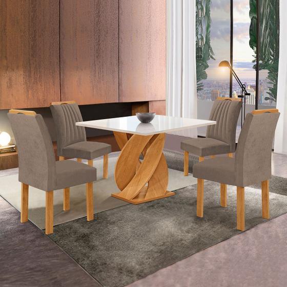 Imagem de Mesa de Jantar 4 Lugares Luna Arizona com Vidro 100% Mdf Cinamomo/Off White/Veludo Bege Escuro - Cel Móveis