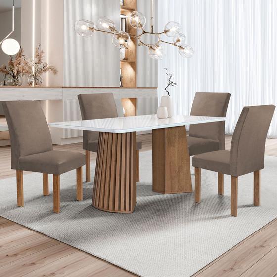 Imagem de Mesa de Jantar 4 Lugares Stella Canela com Vidro Ripado Chocolate/Off White/Bege Escuro - Cel Móveis