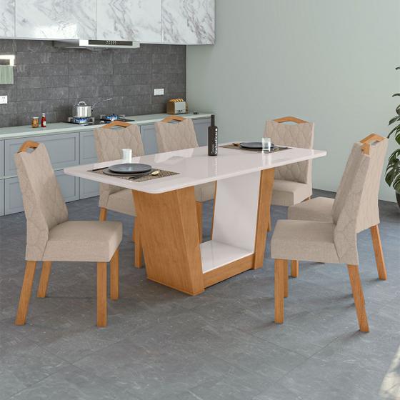 Imagem de Mesa de Jantar 6 Lugares Apogeu Vênus com Vidro Amêndoa Clean/Off White/Linho Rinzai Bege - Móveis Lopas