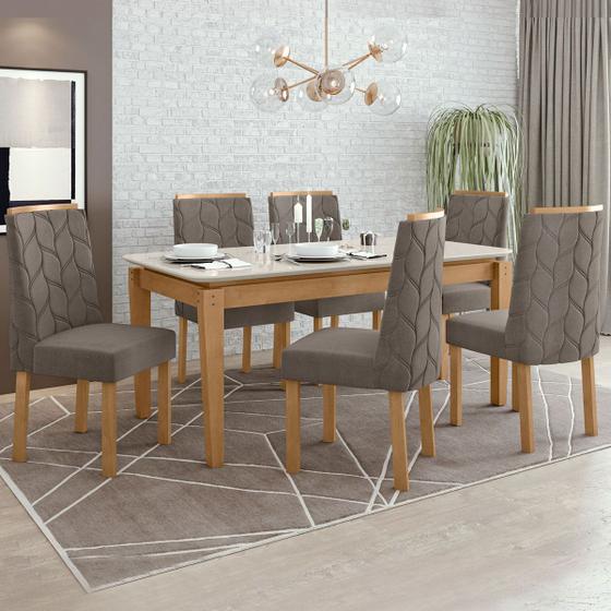 Imagem de Mesa de Jantar 6 Lugares Aries com Vidro Amêndoa Clean/Off White/Suede Animale Bege 77200 - Móveis Lopas