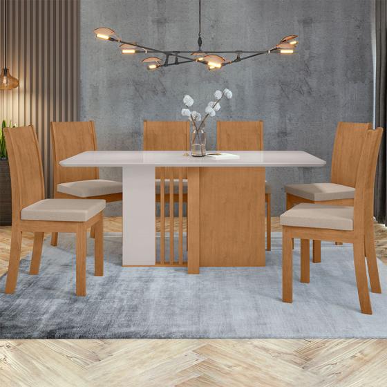 Imagem de Mesa de Jantar 6 Lugares Astrid Athenas com Vidro Amêndoa Clean/Off White/Linho Rinzai Bege - Móveis Lopas
