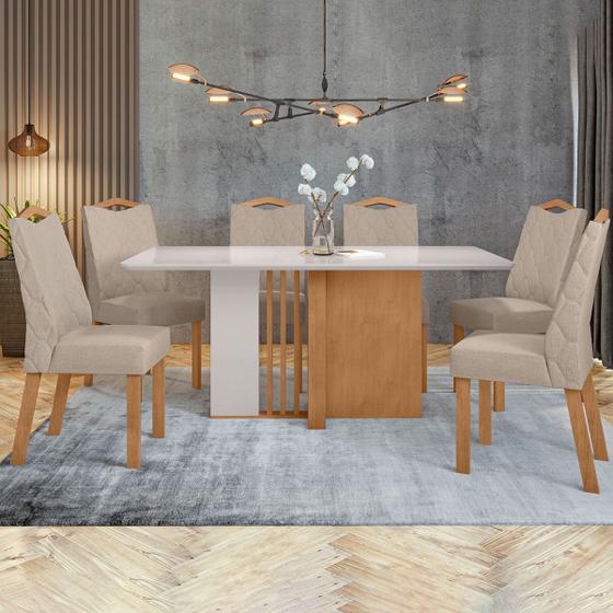 Imagem de Mesa de Jantar 6 Lugares Astrid Vênus com Vidro Amêndoa Clean/Off White/Linho Rinzai Bege - Móveis Lopas